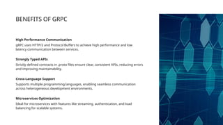 BENEFITS OF GRPC
High Performance Communication
gRPC uses HTTP/2 and Protocol Buffers to achieve high performance and low
latency communication between services.
Strongly Typed APIs
Strictly defined contracts in .proto files ensure clear, consistent APIs, reducing errors
and improving maintainability.
Cross-Language Support
Supports multiple programming languages, enabling seamless communication
across heterogeneous development environments.
Microservices Optimization
Ideal for microservices with features like streaming, authentication, and load
balancing for scalable systems.
 