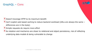 ‹#›© 2018 Capgemini. All rights reserved.
GraphQL – Cons
Doesn’t leverage HTTP to its maximum benefit
Can’t exploit web ba...