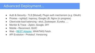 ● Auth & Security - TLS [Mutual], Plugin auth mechanism (e.g. OAuth)
● Proxies - nghttp2, haproxy, Google LB, Nginx (in progress)
● Client-side load balancing - etcd, Zookeeper, Eureka, …
● Monitor & Trace - Zipkin, Google, DIY
● Mobile - Reconnect, QUIC
● Web - REST Adapter, WHATWG Fetch
● API Evolution - Protobuf, Versioning
Advanced Deployment...
 