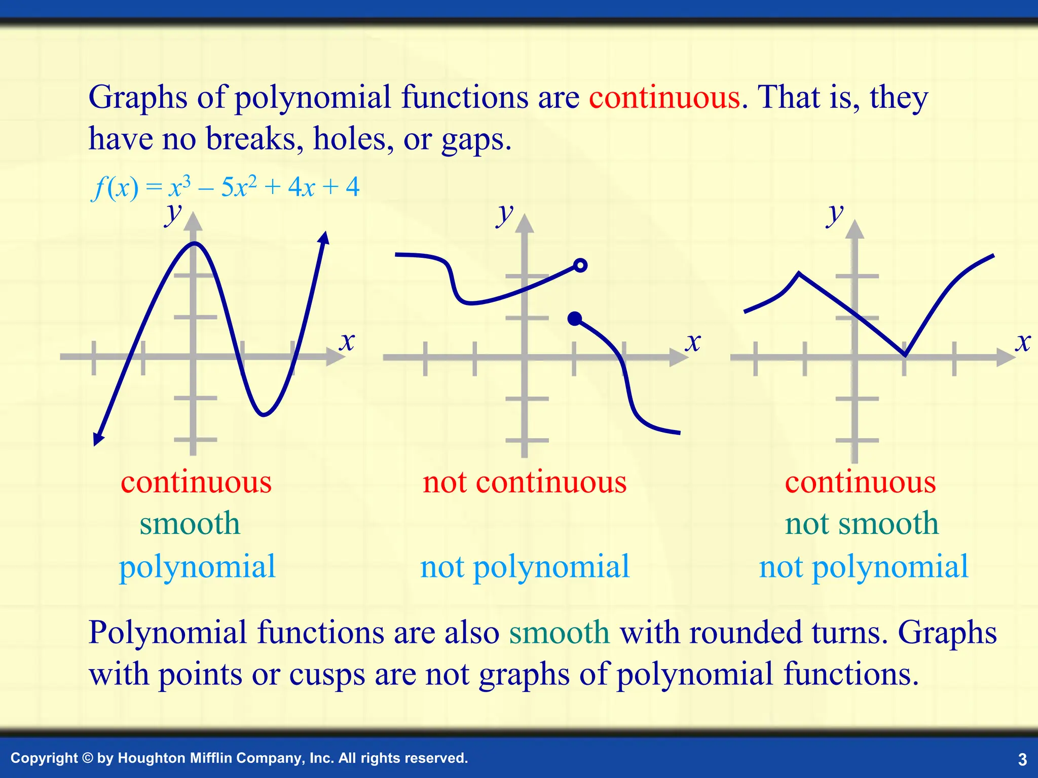 Copyright © by Houghton Mifflin Company, Inc. All rights reserved. 3
Graphs of polynomial functions are continuous. That is, they
have no breaks, holes, or gaps.
Polynomial functions are also smooth with rounded turns. Graphs
with points or cusps are not graphs of polynomial functions.
x
y
x
y
continuous not continuous continuous
smooth not smooth
polynomial not polynomial not polynomial
x
y
f(x) = x3 – 5x2 + 4x + 4
 