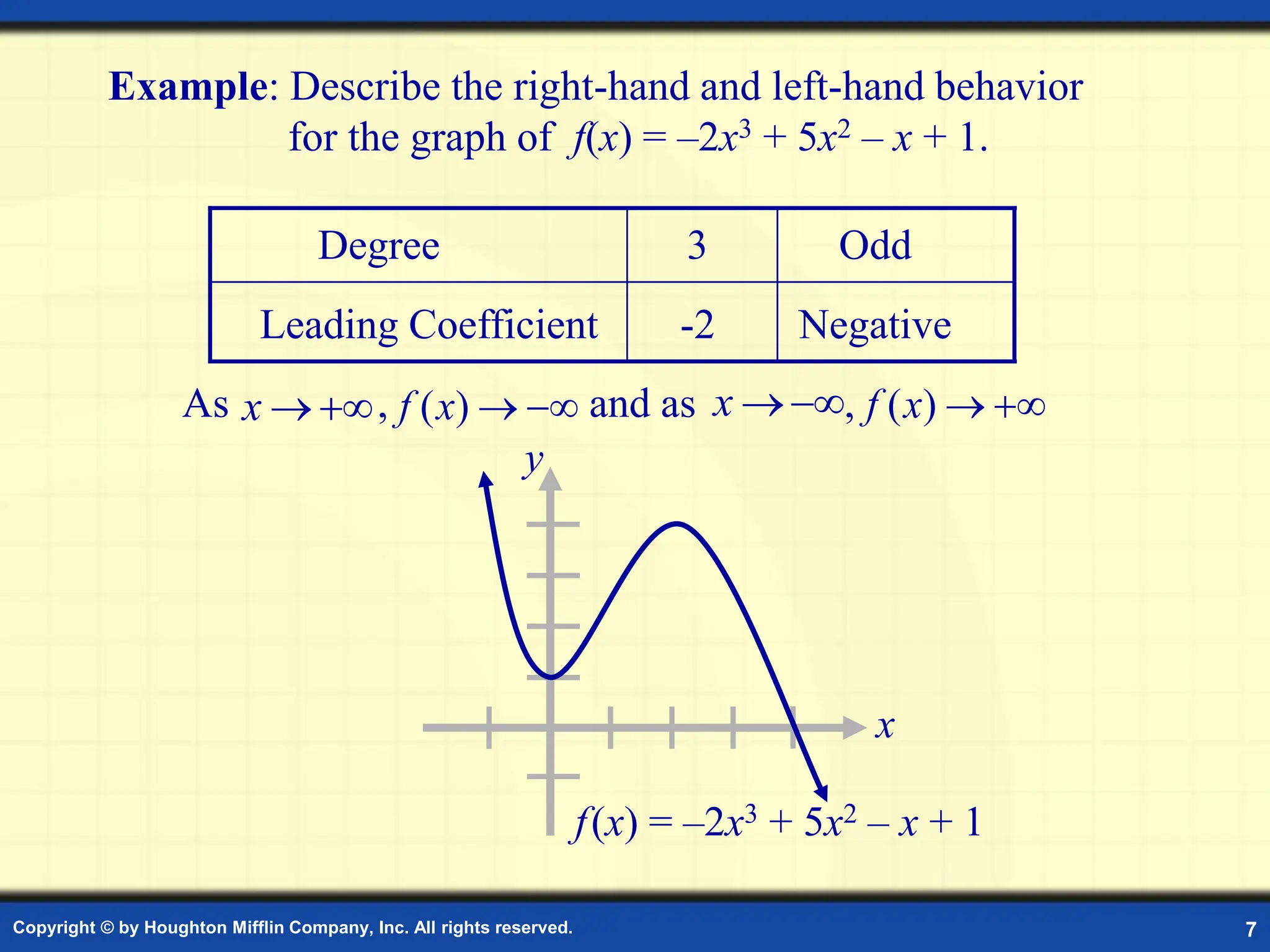 Copyright © by Houghton Mifflin Company, Inc. All rights reserved. 7
Example: Describe the right-hand and left-hand behavior
for the graph of f(x) = –2x3 + 5x2 – x + 1.
As , and as ,


x


x 

)
(x
f


)
(x
f
Negative
-2
Leading Coefficient
Odd
3
Degree
x
y
f(x) = –2x3 + 5x2 – x + 1
 