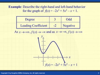 Copyright © by Houghton Mifflin Company, Inc. All rights reserved. 7
Example: Describe the right-hand and left-hand behavior
for the graph of f(x) = –2x3 + 5x2 – x + 1.
As , and as ,


x


x 

)
(x
f


)
(x
f
Negative
-2
Leading Coefficient
Odd
3
Degree
x
y
f(x) = –2x3 + 5x2 – x + 1
 