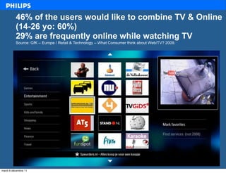 46% of the users would like to combine TV & Online
          (14-26 yo: 60%)
          29% are frequently online while watching TV
          Source: GfK – Europe / Retail & Technology – What Consumer think about Web/TV? 2009.




   CONFIDENTIAL                                                                                  14

mardi 6 décembre 11
 