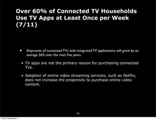 Over 60% of Connected TV Households
               Use TV Apps at Least Once per Week
               (7/11)



                      •   Shipments of connected TVs with integrated TV applications will grow by an
                          average 36% over the next ﬁve years.

                      • TV apps are not the primary reason for purchasing connected
                        TVs.

                      • Adoption of online video streaming services, such as Netflix,
                        does not increase the propensity to purchase online video
                        content.




                                                           16
mardi 6 décembre 11
 