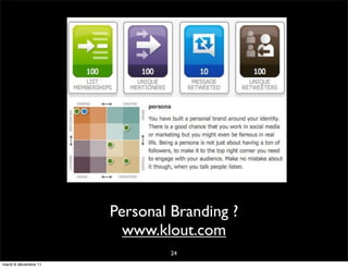 Personal Branding ?
                        www.klout.com
                               24
mardi 6 décembre 11
 