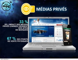 O
                                        MÉDIAS	
  PRIVÉS

                         33 %
     DE L’IMPACT DES MÉDIAS
    PRIVÉS (OWNED) VIENNENT
                   DES SITES
                DE MARQUES




              67 % DES POINTS
               DE VENTE PHYSIQUES




    74
mardi 6 décembre 11
 
