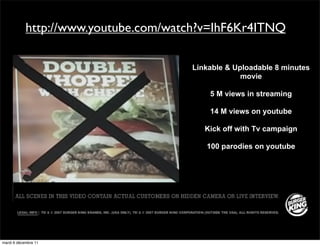 http://www.youtube.com/watch?v=IhF6Kr4ITNQ

                                     • Linkable & Uploadable 8 minutes
                                                    movie

                                     •     5 M views in streaming

                                     •     14 M views on youtube

                                     •    Kick off with Tv campaign

                                     •    100 parodies on youtube




mardi 6 décembre 11
 