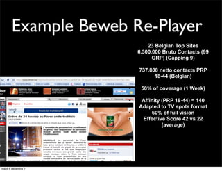 Example Beweb Re-Player
                      •       23 Belgian Top Sites
                      •   6.300.000 Bruto Contacts (99
                                GRP) (Capping 9)
                      •
                      •   737.800 netto contacts PRP
                                18-44 (Belgian)

                      •    50% of coverage (1 Week)

                      •    Affinity (PRP 18-44) = 140
                      •   Adapted to TV spots format
                      •        60% of full vision
                      •    Effective Score 42 vs 22
                                    (average)




mardi 6 décembre 11
 