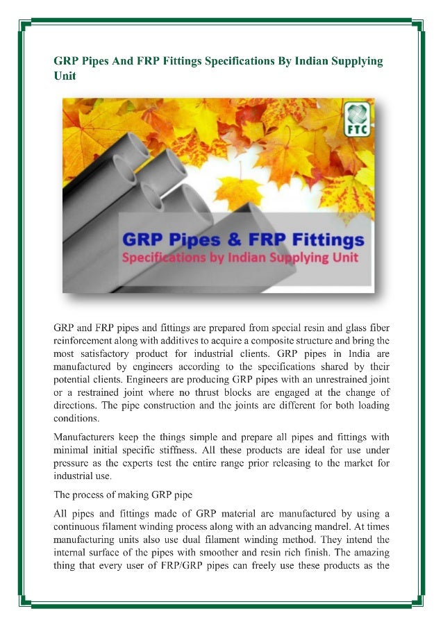 GRP Pipes And FRP Fittings Specifications By Indian Supplying Unit