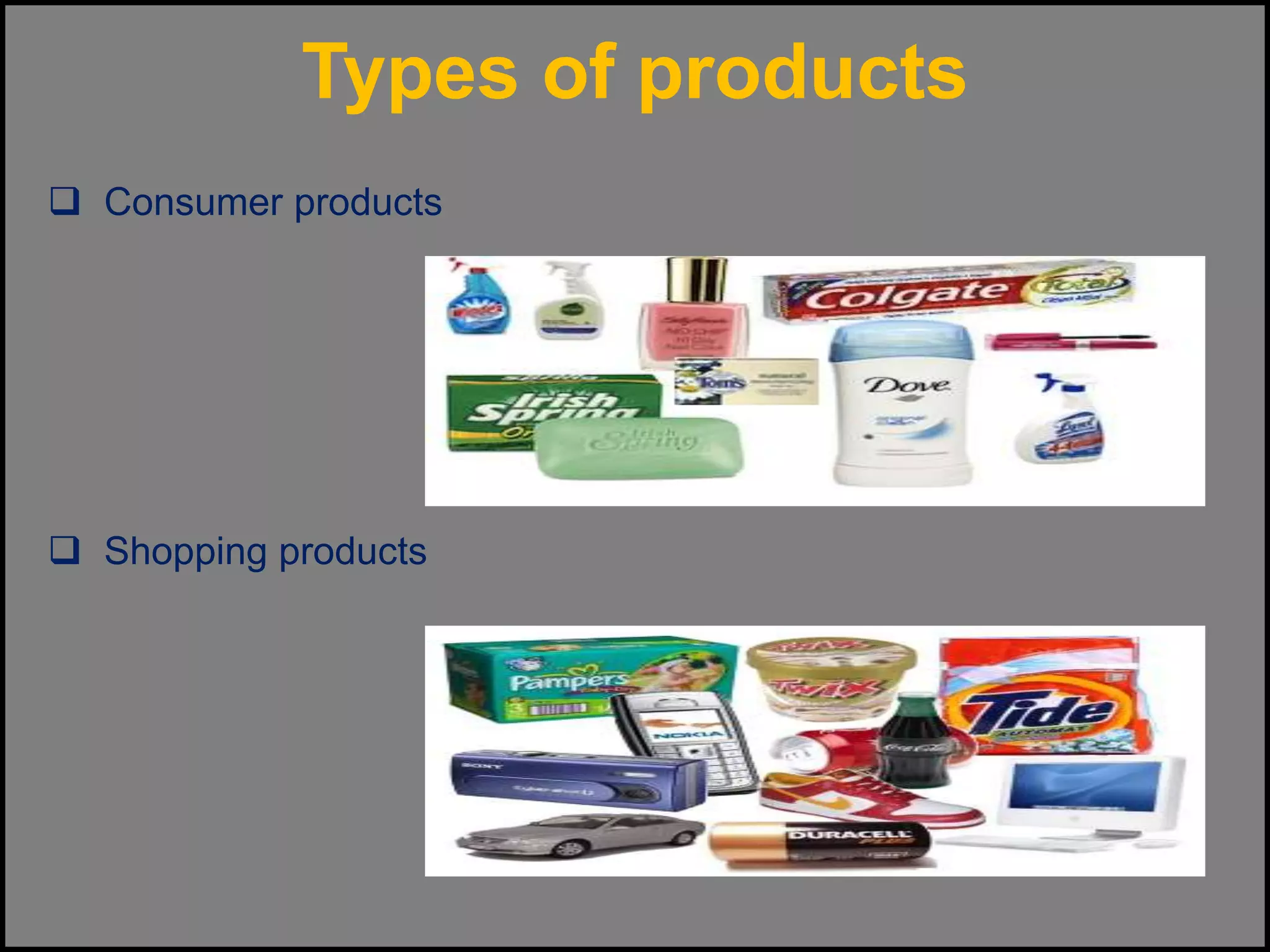 Types of products
 Consumer products
 Shopping products
 