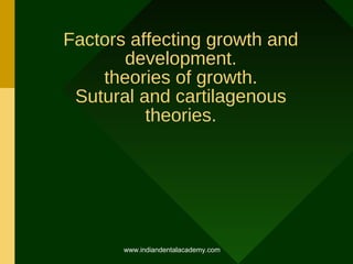 Factors affecting growth and
development.
theories of growth.
Sutural and cartilagenous
theories.

www.indiandentalacademy.com

 