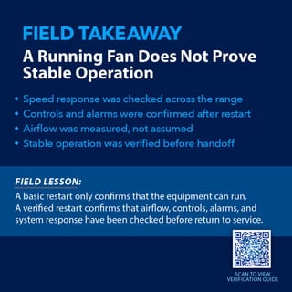 FIELD TAKEAWAY
ARunning Fan Does Not Prove
Stable Operation
• Speed responsewascheckedacrossthe range
• Controls andalarmswere confirmed after restart
• Airflowwasmeasured, not assumed
• Stable operationwasverified before handoff
FIELD LESSON:
Abasic restart only confirms that the equipment can run.
Averified restart confirms that airflow, controls, alarms, and
system response have been checked before return to service.
001. 1 0 m a
SCANTO VIEW
VERIFICATION GUIDE
 
