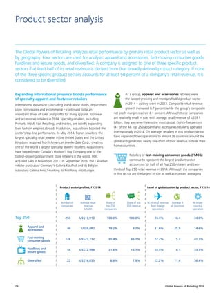 Global Powers of Retailing 201628
As a group, apparel and accessories retailers were
the fastest-growing and most profitable product sector
in 2014 – as they were in 2013. Composite retail revenue
growth increased 6.7 percent while the group’s composite
net profit margin reached 8.1 percent. Although these companies
are relatively small in size, with average retail revenue of US$9.1
billion, they are nevertheless the most global. Eighty-five percent
(41 of the 48 Top 250 apparel and accessories retailers) operated
internationally in 2014. On average, retailers in this product sector
have expanded their operations to almost 26 countries around the
globe and generated nearly one-third of their revenue outside their
home countries.
Retailers of fast-moving consumer goods (FMCG)
continue to represent the largest product sector,
accounting for half of all Top 250 retailers and two-
thirds of Top 250 retail revenue in 2014. Although the companies
in this sector are the largest in size as well as number, averaging
Product sector analysis
The Global Powers of Retailing analyzes retail performance by primary retail product sector as well as
by geography. Four sectors are used for analysis: apparel and accessories, fast-moving consumer goods,
hardlines and leisure goods, and diversified. A company is assigned to one of three specific product
sectors if at least half of its retail revenue is derived from that broadly defined product category. If none
of the three specific product sectors accounts for at least 50 percent of a company’s retail revenue, it is
considered to be diversified.
Expanding international presence boosts performance
of specialty apparel and footwear retailers
International expansion – including stand-alone stores, department
store concessions and e-commerce – continued to be an
important driver of sales and profits for many apparel, footwear
and accessories retailers in 2014. Specialty retailers, including
Primark, HM, Fast Retailing, and Inditex, are rapidly expanding
their fashion empires abroad. In addition, acquisitions boosted the
sector’s top-line performance. In May 2014, Signet Jewelers, the
largest specialty retail jeweler in the United States and the United
Kingdom, acquired North American jeweler Zale Corp.,i
creating
one of the world’s largest specialty jewelry retailers. Acquisitions
have helped make Canada’s Hudson’s Bay Company one of the
fastest-growing department store retailers in the world. HBC
acquired Saks in November 2013.j
In September 2015, the Canadian
retailer purchased Germany’s Galeria Kaufhof and its Belgian
subsidiary Galeria Inno,k
marking its first foray into Europe.
Apparel and
accessories
Fast-moving
consumer goods
Hardlines and
leisure goods
Diversified
48 25.9
126 5.3
54 8.1
22 11.4
250 10.4
US$9,082
US$23,712
US$12,998
US$16,033
US$17,913
19.2%
50.4%
21.6%
8.8%
100.0%
9.7% 31.6% 14.6%
66.7% 22.2% 41.3%
15.7% 24.5% 33.3%
7.9% 22.2% 36.4%
100.0% 23.4% 34.0%
Number of
companies
Share of
top 250
companies
Average retail
revenue
(US$M)
250 250
Share of top
250 revenue
% of retail revenue
from foreign
operations
% single-
country
operators
Average #
of countries
Top 250
Product sector profiles, FY2014 Level of globalization by product sector, FY2014
 