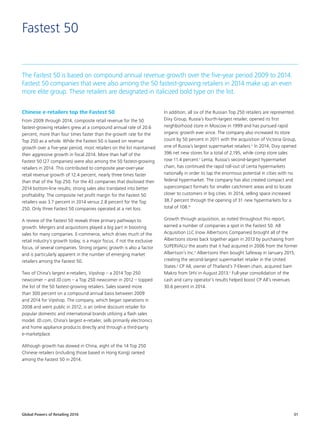 Global Powers of Retailing 2016 31
Fastest 50
The Fastest 50 is based on compound annual revenue growth over the five-year period 2009 to 2014.
Fastest 50 companies that were also among the 50 fastest-growing retailers in 2014 make up an even
more elite group. These retailers are designated in italicized bold type on the list.
Chinese e-retailers top the Fastest 50
From 2009 through 2014, composite retail revenue for the 50
fastest-growing retailers grew at a compound annual rate of 20.6
percent, more than four times faster than the growth rate for the
Top 250 as a whole. While the Fastest 50 is based on revenue
growth over a five-year period, most retailers on the list maintained
their aggressive growth in fiscal 2014. More than half of the
Fastest 50 (27 companies) were also among the 50 fastest-growing
retailers in 2014. This contributed to composite year-over-year
retail revenue growth of 12.4 percent, nearly three times faster
than that of the Top 250. For the 43 companies that disclosed their
2014 bottom-line results, strong sales also translated into better
profitability. The composite net profit margin for the Fastest 50
retailers was 3.7 percent in 2014 versus 2.8 percent for the Top
250. Only three Fastest 50 companies operated at a net loss.
A review of the Fastest 50 reveals three primary pathways to
growth. Mergers and acquisitions played a big part in boosting
sales for many companies. E-commerce, which drives much of the
retail industry’s growth today, is a major focus, if not the exclusive
focus, of several companies. Strong organic growth is also a factor
and is particularly apparent in the number of emerging market
retailers among the Fastest 50.
Two of China’s largest e-retailers, Vipshop – a 2014 Top 250
newcomer – and JD.com – a Top 250 newcomer in 2012 – topped
the list of the 50 fastest-growing retailers. Sales soared more
than 300 percent on a compound annual basis between 2009
and 2014 for Vipshop. The company, which began operations in
2008 and went public in 2012, is an online discount retailer for
popular domestic and international brands utilizing a flash sales
model. JD.com, China’s largest e-retailer, sells primarily electronics
and home appliance products directly and through a third-party
e-marketplace.
Although growth has slowed in China, eight of the 14 Top 250
Chinese retailers (including those based in Hong Kong) ranked
among the Fastest 50 in 2014.
In addition, all six of the Russian Top 250 retailers are represented.
Dixy Group, Russia’s fourth-largest retailer, opened its first
neighborhood store in Moscow in 1999 and has pursued rapid
organic growth ever since. The company also increased its store
count by 50 percent in 2011 with the acquisition of Victoria Group,
one of Russia’s largest supermarket retailers.u
In 2014, Dixy opened
396 net new stores for a total of 2,195, while comp store sales
rose 11.4 percent.v
Lenta, Russia’s second-largest hypermarket
chain, has continued the rapid roll-out of Lenta hypermarkets
nationally in order to tap the enormous potential in cities with no
federal hypermarket. The company has also created compact and
supercompact formats for smaller catchment areas and to locate
closer to customers in big cities. In 2014, selling space increased
38.7 percent through the opening of 31 new hypermarkets for a
total of 108.w
Growth through acquisition, as noted throughout this report,
earned a number of companies a spot in the Fastest 50. AB
Acquisition LLC (now Albertsons Companies) brought all of the
Albertsons stores back together again in 2013 by purchasing from
SUPERVALU the assets that it had acquired in 2006 from the former
Albertson’s Inc.x
Albertsons then bought Safeway in January 2015,
creating the second-largest supermarket retailer in the United
States.y
CP All, owner of Thailand’s 7-Eleven chain, acquired Siam
Makro from SHV in August 2013.z
Full-year consolidation of the
cash and carry operator’s results helped boost CP All’s revenues
30.6 percent in 2014.
 