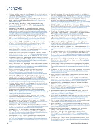 Global Powers of Retailing 201646
Endnotes
a.	 The Kroger Co. (2014, January 29). Kroger Completes Merger with Harris Teeter
[Press release]. Retrieved from http://ir.kroger.com/Cache/1500058030.PDF?O=P
DFT=Y=D=FID=1500058030iid=4004136
b.	 The Kroger Co. (2014, August 18). Kroger Completes Merger with eCommerce
Retailer Vitacost.com [Press release]. Retrieved from http://ir.kroger.com/file/
Index?KeyFile=24883483
c.	 The Kroger Co. (2015, December 18). Kroger Completes Tender Offer of
Shares of Roundy’s [Press release]. Retrieved from http://ir.kroger.com/file/
Index?KeyFile=32304683
d.	 Walgreens Co. (2014, December 29). Walgreens Shareholders Approve All
Proposals Related to Transaction with Alliance Boots and Holding Company
Reorganization [Press release]. Retrieved from http://news.walgreens.com/press-
releases/general-news/walgreens-shareholders-approve-all-proposals-related-to-
transaction-with-alliance-boots-and-holding-company-reorganization.htm
e.	 Walgreens Boots Alliance, Inc. (2015, October 27). Walgreens Boots Alliance to
Acquire Rite Aid for $17.2 Billion in All-Cash Transaction [Press release]. Retrieved
from http://www.walgreensbootsalliance.com/newsroom/news/walgreens-
boots-alliance-to-acquire-rite-aid-for-172-billion-in-all-cash-transaction.htm
f.	 Organizacion Soriana S.A.B. de C.V. (2015, January 28). Soriana Announces
Agreement with Comercial Mexicana [Press release]. Retrieved from http://
recursos.soriana.com/recursos/resources/InfoFin/2015/2015_01_28_
CorporateAnnouncementAgreementCCM.pdf
g.	 Woolworths Holdings Limited. (2015, December 17). Publication of Financial
Year 2014 Australian Tax Information [Press release]. Retrieved from http://www.
woolworthsholdings.co.za/media/news_display.asp?Id2=704
h.	 Steinhoff International. (2015, June 30). Audited Results for the Year Ended 30
June 2015 – Corporate Activity. Retrieved from http://www.steinhoffinternational.
com/downloads/2015/audited_results_for_the_year_ended_30_June_2015.pdf
i.	 Signet Jewelers Limited. (2014, May 29). Signet Jewelers Completes Acquisition of
Zale Corporation [Press release]. Retrieved from http://www.signetjewelers.com/
investors/news-releases/news-release-details/2014/Signet-Jewelers-Completes-
Acquisition-of-Zale-Corporation/default.aspx
j.	 Hudson’s Bay Company. (2013, November 4). Hudson’s Bay Company Completes
Acquisition of Saks Incorporated [Press release]. Retrieved from http://www.
businesswire.com/news/home/20131104006210/en/Hudson%E2%80%99s-Bay-
Company-Completes-Acquisition-Saks-Incorporated
k.	 Hudson’s Bay Company. (2015, September 30). Hudson’s Bay Company
Completes Acquisition of GALERIA Holding [Press release]. Retrieved
from http://www.businesswire.com/news/home/20150930005898/en/
Hudson%E2%80%99s-Bay-Company-Completes-Acquisition-GALERIA-Holding
l.	 Walgreens Co. (2014, December 29). Walgreens Shareholders Approve All
Proposals Related to Transaction with Alliance Boots and Holding Company
Reorganization [Press release]. Retrieved from http://news.walgreens.com/press-
releases/general-news/walgreens-shareholders-approve-all-proposals-related-to-
transaction-with-alliance-boots-and-holding-company-reorganization.htm
m.	 The Kroger Co. (2014, January 29). Kroger Completes Merger with Harris Teeter
[Press release]. Retrieved from http://ir.kroger.com/Cache/1500058030.PDF?O=P
DFT=Y=D=FID=1500058030iid=4004136
n.	 Loblaw Companies Limited. (2014, March 28). Loblaw Companies Limited
Completes Acquisition of Shoppers Drug Mart Corporation [Press release].
Retrieved from http://www.loblaw.ca/English/Media-Centre/news-releases/
news-release-details/2014/Loblaw-Companies-Limited-Completes-Acquisition-of-
Shoppers-Drug-Mart-Corporation/default.aspx
o.	 The Agrokor Group. (2014, June 27). Agrokor successfully closes Mercator
acquisition process [Press release]. Retrieved from http://www.agrokor.hr/en/
news/agrokor-successfully-closes-mercator-acquisition-process/
p.	 Aeon Co Ltd announces result for tender offer for acquire shares of WELCIA
HOLDINGS CO., LTD. (2014, November 21). Retrieved from http://in.reuters.com/
finance/stocks/3141.T/key-developments/article/3111055
q.	 Office Depot, Inc. (2013, November 5). Office Depot and OfficeMax Complete
Merger [Press release]. Retrieved from http://news.officedepot.com/press-release/
corporatefinancial-news/office-depot-and-officemax-complete-merger
r.	 Advance Auto Parts, Inc. (2014, January 2). Advance Auto Parts Announces
Closing of Acquisition of General Parts International [Press release]. Retrieved
from http://www.businesswire.com/news/home/20140102005983/en/Advance-
Auto-Parts-Announces-Closing-Acquisition-General
s.	 Dixons Carphone plc. (2014, August 7). Completion of all-share merger (the
“Merger”) of Carphone Warehouse and Dixons Retail [Press release]. Retrieved
from http://www.dixonscarphone.com/media-centre/press-releases/completion-
all-share-merger-%E2%80%9Cmerger%E2%80%9D-carphone-warehouse-and-
dixons
t.	 Steinhoff International. (2015, June 30). Audited Results for the Year Ended 30
June 2015 – Corporate Activity. Retrieved from http://www.steinhoffinternational.
com/downloads/2015/audited_results_for_the_year_ended_30_June_2015.pdf
u.	 DIXY Group. (2011, June 20). DIXY Group has completed the deal on the
acquisition of Victoria Group [Press release]. Retrieved from http://www.
dixygroup.ru/~/media/Files/D/Dixy/press-release/2011/pr2011-06-20-dixy-release-
eng-dixy%20group%20has%20completed%20the%20deal.pdf
v.	 DIXY Group (2015, January 23). DIXY Group demonstrates 33.3% total revenue
growth in December 2014 [Press release]. Retrieved from http://www.dixygroup.
ru/~/media/Files/D/Dixy/operational-results/en/2014/DIXY%20Group%20
Sales%20December_2014%20ENG.pdf
w.	 Lenta Group (2015, January 29). Lenta Sales and Operating Highlights for the
Fourth Quarter and Full Year Ended 31 December 2014 [Press release]. Retrieved
from http://www.lentainvestor.com/en/investors/rns-article/id/734
x.	 AB Acquisition LLC (2013, January 10). Albertson’s LLC Announces Definitive
Agreement for Purchase of 877 Stores from SUPERVALU [Press release]. Retrieved
from http://www.albertsons.com/our-company/newsroom/albertsons-llc-
announces-definitive-agreement-for-purchase-of-877-stores-from-supervalu/
y.	 AB Acquisition LLC. (2015, January 30). Albertsons and Safeway Complete
Merger Transaction [Press release]. Retrieved from http://www.albertsons.com/
albertsons-and-safeway-complete-merger-transaction
z.	 CP All gets green light to buy Siam Makro (2013, June 14). Retrieved from http://
www.financeasia.com/News/346659,cp-all-gets-green-light-to-buy-siam-makro.
aspx
aa.	 RFS Holland Holding B.V. (2015, July 3). Funds advised by Apax Partners to invest
in Wehkamp, a leading online Lifestyle Department Store in the Netherlands
[Press release]. Retrieved from http://www.apax.com/news/apax-news/2015/july/
funds-advised-by-apax-partners-to-invest-in-wehkamp,-a-leading-online-lifestyle-
department-store
bb.	 Global Fashion Group S.A. (2014, September 4). Kinnevik  Rocket to Create
Global Fashion e-Commerce Group [Press release]. Retrieved from http://global-
fashion-group.com/press-post-1
cc.	 Tencent Holdings Limited (2014, March 10). JD.com and Tencent form strategic
partnership to transform eCommerce industry in China [Press release]. Retrieved
from http://www.tencent.com/en-us/content/at/2014/attachments/20140310.
pdf
dd.	 Did Amazon Just Replace the Public Library? (2015, November 3). Retrieved from
http://www.theatlantic.com/entertainment/archive/2015/11/did-amazon-just-
replace-the-public-library/413941
ee.	 Warby Parker. (n.d.) Company website - Retail Locations. Retrieved on January 13,
2016 from https://www.warbyparker.com/retail
ff.	 Gap Inc. (2015, February 26). Gap Inc. Reports Fourth Quarter and Fiscal Year
2014 Results [Press release]. Retrieved from http://www.businesswire.com/news/
home/20150226006507/en/Gap-Reports-Fourth-Quarter-Fiscal-Year-2014
gg.	 Bonobos, Inc. (n.d.). Company website - Guideshops. Retrieved on January 13,
2016 from https://bonobos.com/guideshop
hh.	 Bonobos, Inc. (2012, April 12). Bonobos and Nordstrom Announce Partnership
[Press release]. Retrieved from http://press.nordstrom.com/phoenix.
zhtml?c=211996p=irol-newsarticleID=1682596
ii.	 Bonobos Heads South and Offline in Another Retail Pact (2014, February 24).
Retrieved from http://www.bloomberg.com/bw/articles/2014-02-24/bonobos-
heads-south-and-offline-in-another-retail-pact
jj.	 Online Jewelry Startup Baublebar to Open Retail Stores (2015, June 24). Retrieved
from http://www.forbes.com/sites/clareoconnor/2015/06/24/online-jewelry-
startup-baublebar-to-open-retail-stores/#2715e4857a0b3502aef03617
kk.	 Rent the Runway. (n.d.). Company website - Visit our Stores. Retrieved on January
13, 2016 from https://www.renttherunway.com/stories/stores
ll.	 From Clicks to Bricks: L.L.Bean’s Embrace of Omnichannel Retail (2015, July 20).
Retrieved from http://urbanland.uli.org/economy-markets-trends/clicks-bricks-l-l-
beans-embrace-omnichannel-retail
mm.Zalora Group. (n.d.). Company website – Zalora pop-up store. Retrieved on
January 13, 2016 from http://www.zalora.com.my/pop-up-store
nn.	 Alibaba Group. (2015, August 10). Alibaba and Suning Commerce Enter
Into Strategic Alliance [Press release]. Retrieved from http://alibaba.newshq.
businesswire.com/press-release/alibaba-and-suning-commerce-enter-strategic-
alliance
oo.	 JD.com, Inc. (2015, August 7). JD.com Announces Second Quarter 2015 Results
[Press release]. Retrieved from http://ir.jd.com/phoenix.zhtml?c=253315p=irol-
newsArticleID=2078036
 