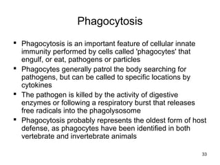 33
Phagocytosis
 Phagocytosis is an important feature of cellular innate
immunity performed by cells called 'phagocytes' that
engulf, or eat, pathogens or particles
 Phagocytes generally patrol the body searching for
pathogens, but can be called to specific locations by
cytokines
 The pathogen is killed by the activity of digestive
enzymes or following a respiratory burst that releases
free radicals into the phagolysosome
 Phagocytosis probably represents the oldest form of host
defense, as phagocytes have been identified in both
vertebrate and invertebrate animals
 