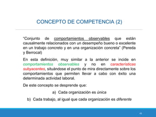 43
CONCEPTO DE COMPETENCIA (2)
“Conjunto de comportamientos observables que están
causalmente relacionados con un desempeño bueno o excelente
en un trabajo concreto y en una organización concreta” (Pereda
y Berrocal)
En esta definición, muy similar a la anterior se incide en
comportamientos observables y no en características
subyacentes, situándose el punto de mira directamente sobre los
comportamientos que permiten llevar a cabo con éxito una
determinada actividad laboral.
De este concepto se desprende que:
a) Cada organización es única
b) Cada trabajo, al igual que cada organización es diferente
 