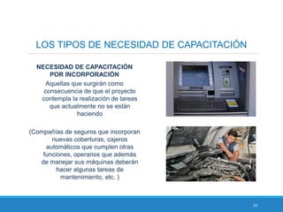 10
LOS TIPOS DE NECESIDAD DE CAPACITACIÓN
NECESIDAD DE CAPACITACIÓN
POR INCORPORACIÓN
Aquellas que surgirán como
consecuencia de que el proyecto
contempla la realización de tareas
que actualmente no se están
haciendo
(Compañías de seguros que incorporan
nuevas coberturas, cajeros
automáticos que cumplen otras
funciones, operarios que además
de manejar sus máquinas deberán
hacer algunas tareas de
mantenimiento, etc. )
 