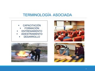3
TERMINOLOGÍA ASOCIADA
 CAPACITACIÓN
 FORMACIÓN
 ENTRENAMIENTO
 ADIESTRAMIENTO
 DESARROLLO
 