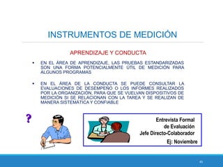 45
INSTRUMENTOS DE MEDICIÓN
APRENDIZAJE Y CONDUCTA
 EN EL ÁREA DE APRENDIZAJE, LAS PRUEBAS ESTANDARIZADAS
SON UNA FORMA POTENCIALMENTE ÚTIL DE MEDICIÓN PARA
ALGUNOS PROGRAMAS
 EN EL ÁREA DE LA CONDUCTA SE PUEDE CONSULTAR LA
EVALUACIONES DE DESEMPEÑO O LOS INFORMES REALIZADOS
POR LA ORGANIZACIÓN, PARA QUE SE VUELVAN DISPOSITIVOS DE
MEDICIÓN SI SE RELACIONAN CON LA TAREA Y SE REALIZAN DE
MANERA SISTEMÁTICA Y CONFIABLE
Entrevista Formal
de Evaluación
Jefe Directo-Colaborador
Ej: Noviembre
??
 