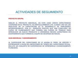 49
ACTIVIDADES DE SEGUIMIENTO
PROYECTO GRUPAL
SIMILAR AL PROYECTO INDIVIDUAL, EN ESTE CASO VARIOS CAPACITANDOS
COOPERAN EN EL PROYECTO. ES PARTICULARMENTE ÚTIL CUANDO UNO DE LOS
OBJETIVOS DE LA CAPACITACIÓN ES EL DESARROLLO DE HABILIDADES
INTERPERSONALES. POR EJ.: GERENTES NUEVOS QUE HAN CONCLUÍDO UN
CURSO DE PLANEAMIENTO QUE FORMAN UNA FUERZA DE TRABAJO PARA
INTRODUCIR UN NUEVO PRODUCTO Ú OPERARIOS RECIÉN CAPACITADOS EN
SOSTENIMIENTO QUE FORMAN EL EQUIPO DE DESATADO DE ROCAS.
GUÍA INDIVIDUAL Y ASESORAMIENTO
AL SUPERVISOR DEL CAPACITANDO SE LE ASIGNA EL PAPEL DE ASESOR Y
ENTRENADOR A CAUSA DE LIMITACIONES DE TIEMPO DEL CAPACITADOR OFICIAL.
INCLUYE UN CONJUNTO DE EXPERIENCIAS DE APRENDIZAJE CUIDADOSAMENTE
PLANEADAS.
 