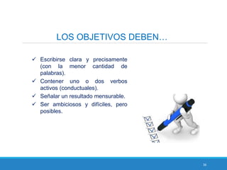 36
LOS OBJETIVOS DEBEN…
 Escribirse clara y precisamente
(con la menor cantidad de
palabras).
 Contener uno o dos verbos
activos (conductuales).
 Señalar un resultado mensurable.
 Ser ambiciosos y difíciles, pero
posibles.
 