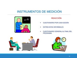 44
INSTRUMENTOS DE MEDICIÓN
REACCIÓN
 CUESTIONARIO POR CADA SESIÓN
 ENTREVISTAS INFORMALES
 CUESTIONARIO GENERAL AL FINAL DEL
PROGRAMA
 