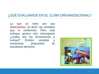27
¿QUÉ EVALUAMOS EN EL CLIMA ORGANIZACIONAL?
Lo que se mide son sus
dimensiones, es decir, las variables
que lo conforman. Pero este
enfoque genera otra interrogante
¿cuáles son las dimensiones a
evaluar? Existen variadas y
numerosas propuestas de
estudiosos del tema.
 