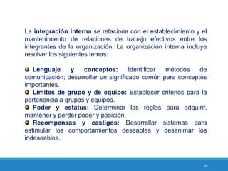 50
La integración interna se relaciona con el establecimiento y el
mantenimiento de relaciones de trabajo efectivos entre los
integrantes de la organización. La organización interna incluye
resolver los siguientes temas:
Lenguaje y conceptos: Identificar métodos de
comunicación; desarrollar un significado común para conceptos
importantes.
Límites de grupo y de equipo: Establecer criterios para la
pertenencia a grupos y equipos.
Poder y estatus: Determinar las reglas para adquirir,
mantener y perder poder y posición.
Recompensas y castigos: Desarrollar sistemas para
estimular los comportamientos deseables y desanimar los
indeseables.
 