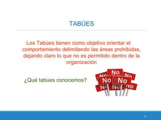 57
TABÚES
Los Tabúes tienen como objetivo orientar el
comportamiento delimitando las áreas prohibidas,
dejando claro lo que no es permitido dentro de la
organización
¿Qué tabúes conocemos?
 