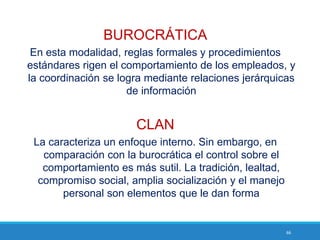 66
BUROCRÁTICA
En esta modalidad, reglas formales y procedimientos
estándares rigen el comportamiento de los empleados, y
la coordinación se logra mediante relaciones jerárquicas
de información
CLAN
La caracteriza un enfoque interno. Sin embargo, en
comparación con la burocrática el control sobre el
comportamiento es más sutil. La tradición, lealtad,
compromiso social, amplia socialización y el manejo
personal son elementos que le dan forma
 