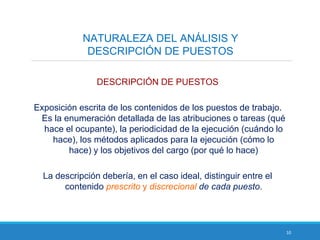 10
NATURALEZA DEL ANÁLISIS Y
DESCRIPCIÓN DE PUESTOS
DESCRIPCIÓN DE PUESTOS
Exposición escrita de los contenidos de los puestos de trabajo.
Es la enumeración detallada de las atribuciones o tareas (qué
hace el ocupante), la periodicidad de la ejecución (cuándo lo
hace), los métodos aplicados para la ejecución (cómo lo
hace) y los objetivos del cargo (por qué lo hace)
La descripción debería, en el caso ideal, distinguir entre el
contenido prescrito y discrecional de cada puesto.
 