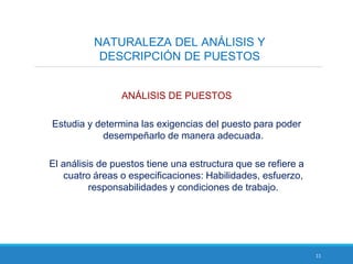 11
NATURALEZA DEL ANÁLISIS Y
DESCRIPCIÓN DE PUESTOS
ANÁLISIS DE PUESTOS
Estudia y determina las exigencias del puesto para poder
desempeñarlo de manera adecuada.
El análisis de puestos tiene una estructura que se refiere a
cuatro áreas o especificaciones: Habilidades, esfuerzo,
responsabilidades y condiciones de trabajo.
 