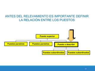 13
ANTES DEL RELEVAMIENTO ES IMPORTANTE DEFINIR
LA RELACIÓN ENTRE LOS PUESTOS
Puestos paralelos Puestos paralelos
Puestos subordinados Puestos subordinados
Puesto a describir
Puesto superior
 