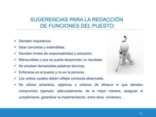 29
SUGERENCIAS PARA LA REDACCIÓN
DE FUNCIONES DEL PUESTO:
 Denoten importancia
 Sean concretas y entendibles.
 Denoten límites de responsabilidad o actuación.
 Mensurables o que se pueda desprender un resultado.
 No emplear demasiadas palabras técnicas.
 Enfocarse en el puesto y no en la persona.
 Los verbos usados deben reflejar conducta observable.
 No utilizar adverbios, adjetivos o criterios de eficacia ni que denoten
compromiso (ejemplo: adecuadamente, de la mejor manera, asegurar el
cumplimiento, garantizar la implementación, entre otros similares).
 