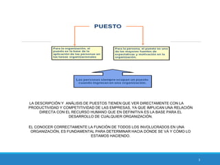 3
LA DESCRIPCIÓN Y ANÁLISIS DE PUESTOS TIENEN QUE VER DIRECTAMENTE CON LA
PRODUCTIVIDAD Y COMPETITIVIDAD DE LAS EMPRESAS, YA QUE IMPLICAN UNA RELACIÓN
DIRECTA CON EL RECURSO HUMANO QUE EN DEFINITIVA ES LA BASE PARA EL
DESARROLLO DE CUALQUIER ORGANIZACIÓN.
EL CONOCER CORRECTAMENTE LA FUNCIÓN DE TODOS LOS INVOLUCRADOS EN UNA
ORGANIZACIÓN, ES FUNDAMENTAL PARA DETERMINAR HACIA DÓNDE SE VÁ Y CÓMO LO
ESTAMOS HACIENDO.
 