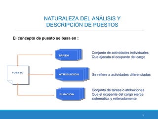 5
NATURALEZA DEL ANÁLISIS Y
DESCRIPCIÓN DE PUESTOS
El concepto de puesto se basa en :
Conjunto de actividades individuales
Que ejecuta el ocupante del cargo
Se refiere a actividades diferenciadas
Conjunto de tareas o atribuciones
Que el ocupante del cargo ejerce
sistemática y reiteradamente
 