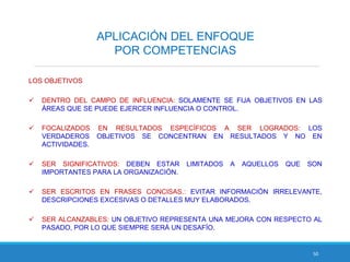 50
APLICACIÓN DEL ENFOQUE
POR COMPETENCIAS
LOS OBJETIVOS
 DENTRO DEL CAMPO DE INFLUENCIA: SOLAMENTE SE FIJA OBJETIVOS EN LAS
ÁREAS QUE SE PUEDE EJERCER INFLUENCIA O CONTROL.
 FOCALIZADOS EN RESULTADOS ESPECÍFICOS A SER LOGRADOS: LOS
VERDADEROS OBJETIVOS SE CONCENTRAN EN RESULTADOS Y NO EN
ACTIVIDADES.
 SER SIGNIFICATIVOS: DEBEN ESTAR LIMITADOS A AQUELLOS QUE SON
IMPORTANTES PARA LA ORGANIZACIÓN.
 SER ESCRITOS EN FRASES CONCISAS.: EVITAR INFORMACIÓN IRRELEVANTE,
DESCRIPCIONES EXCESIVAS O DETALLES MUY ELABORADOS.
 SER ALCANZABLES: UN OBJETIVO REPRESENTA UNA MEJORA CON RESPECTO AL
PASADO, POR LO QUE SIEMPRE SERÁ UN DESAFÍO.
 