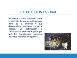 14
SATISFACCIÓN LABORAL
Se refiere a como percibe el sujeto
la atención de sus necesidades por
parte de la empresa y que
desencadena actitudes frente al
trabajo. La satisfacción o
insatisfacción permiten explicar por
qué los trabajadores expresan
actitudes positivas o negativas.
 