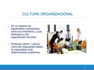 34
 Es un sistema de
significados compartidos
entre sus miembros, y que
distingue a una
organización de otras.
 Podemos definir “cultura”
como las respuestas dadas
(o esperadas) ante
determinados problemas.
CULTURA ORGANIZACIONAL
 
