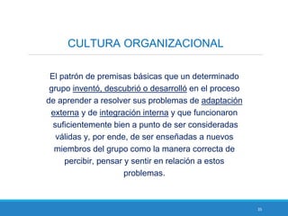 35
CULTURA ORGANIZACIONAL
El patrón de premisas básicas que un determinado
grupo inventó, descubrió o desarrolló en el proceso
de aprender a resolver sus problemas de adaptación
externa y de integración interna y que funcionaron
suficientemente bien a punto de ser consideradas
válidas y, por ende, de ser enseñadas a nuevos
miembros del grupo como la manera correcta de
percibir, pensar y sentir en relación a estos
problemas.
 
