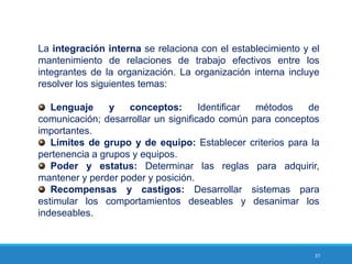 37
La integración interna se relaciona con el establecimiento y el
mantenimiento de relaciones de trabajo efectivos entre los
integrantes de la organización. La organización interna incluye
resolver los siguientes temas:
Lenguaje y conceptos: Identificar métodos de
comunicación; desarrollar un significado común para conceptos
importantes.
Límites de grupo y de equipo: Establecer criterios para la
pertenencia a grupos y equipos.
Poder y estatus: Determinar las reglas para adquirir,
mantener y perder poder y posición.
Recompensas y castigos: Desarrollar sistemas para
estimular los comportamientos deseables y desanimar los
indeseables.
 