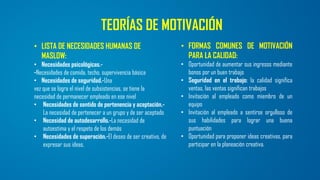 TEORÍAS DE MOTIVACIÓN
• LISTA DE NECESIDADES HUMANAS DE
MASLOW:
• Necesidades psicológicas.-
-Necesidades de comida, techo, supervivencia básica
• Necesidades de seguridad.-Una
vez que se logra el nivel de subsistencias, se tiene la
necesidad de permanecer empleado en ese nivel
• Necesidades de sentido de pertenencia y aceptación.-
La necesidad de pertenecer a un grupo y de ser aceptado
• Necesidad de autodesarrollo.-La necesidad de
autoestima y el respeto de los demás
• Necesidades de superación.-El deseo de ser creativo, de
expresar sus ideas.
• FORMAS COMUNES DE MOTIVACIÓN
PARA LA CALIDAD:
• Oportunidad de aumentar sus ingresos mediante
bonos por un buen trabajo
• Seguridad en el trabajo: la calidad significa
ventas, las ventas significan trabajos
• Invitación al empleado como miembro de un
equipo
• Invitación al empleado a sentirse orgulloso de
sus habilidades para lograr una buena
puntuación
• Oportunidad para proponer ideas creativas, para
participar en la planeación creativa.
 