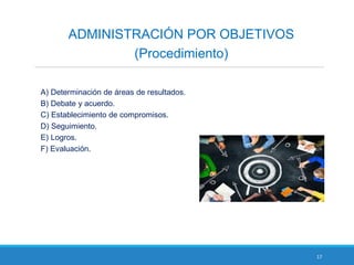 17
A) Determinación de áreas de resultados.
B) Debate y acuerdo.
C) Establecimiento de compromisos.
D) Seguimiento.
E) Logros.
F) Evaluación.
ADMINISTRACIÓN POR OBJETIVOS
(Procedimiento)
 