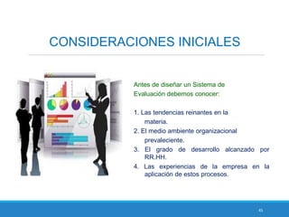 45
CONSIDERACIONES INICIALES
Antes de diseñar un Sistema de
Evaluación debemos conocer:
1. Las tendencias reinantes en la
materia.
2. El medio ambiente organizacional
prevaleciente.
3. El grado de desarrollo alcanzado por
RR.HH.
4. Las experiencias de la empresa en la
aplicación de estos procesos.
 