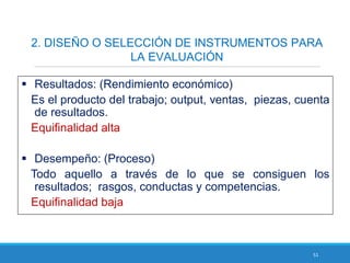 51
2. DISEÑO O SELECCIÓN DE INSTRUMENTOS PARA
LA EVALUACIÓN
 Resultados: (Rendimiento económico)
Es el producto del trabajo; output, ventas, piezas, cuenta
de resultados.
Equifinalidad alta
 Desempeño: (Proceso)
Todo aquello a través de lo que se consiguen los
resultados; rasgos, conductas y competencias.
Equifinalidad baja
 