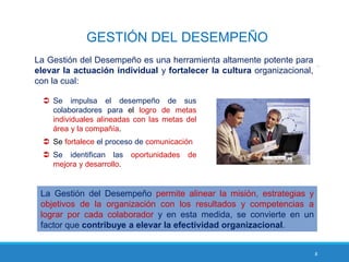 8
GESTIÓN DEL DESEMPEÑO
La Gestión del Desempeño es una herramienta altamente potente para
elevar la actuación individual y fortalecer la cultura organizacional,
con la cual:
 Se impulsa el desempeño de sus
colaboradores para el logro de metas
individuales alineadas con las metas del
área y la compañía.
 Se fortalece el proceso de comunicación
 Se identifican las oportunidades de
mejora y desarrollo.
La Gestión del Desempeño permite alinear la misión, estrategias y
objetivos de la organización con los resultados y competencias a
lograr por cada colaborador y en esta medida, se convierte en un
factor que contribuye a elevar la efectividad organizacional.
 
