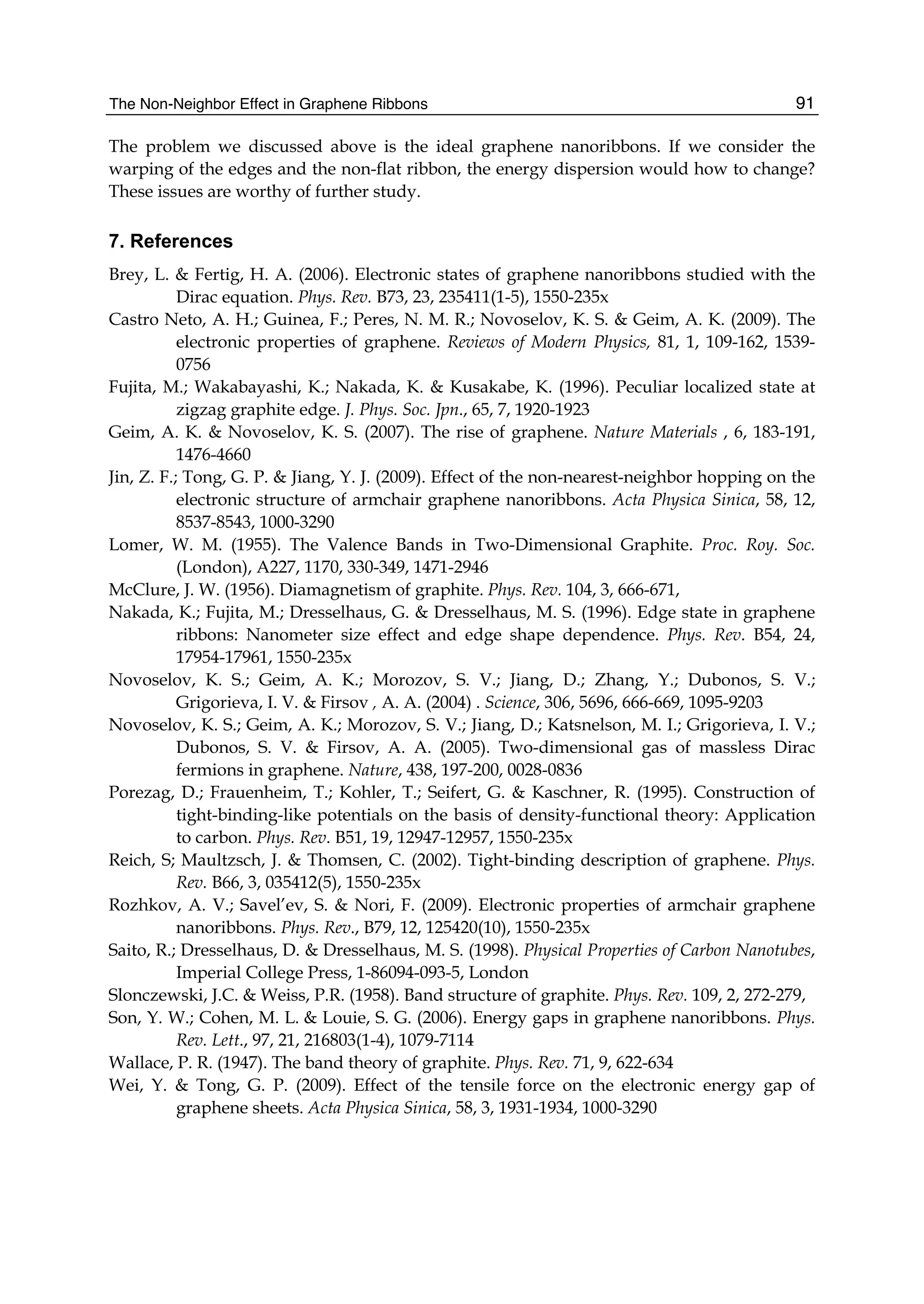 The Non-Neighbor Effect in Graphene Ribbons 91
The problem we discussed above is the ideal graphene nanoribbons. If we consider the
warping of the edges and the non-flat ribbon, the energy dispersion would how to change?
These issues are worthy of further study.
7. References
Brey, L. & Fertig, H. A. (2006). Electronic states of graphene nanoribbons studied with the
Dirac equation. Phys. Rev. B73, 23, 235411(1-5), 1550-235x
Castro Neto, A. H.; Guinea, F.; Peres, N. M. R.; Novoselov, K. S. & Geim, A. K. (2009). The
electronic properties of graphene. Reviews of Modern Physics, 81, 1, 109-162, 1539-
0756
Fujita, M.; Wakabayashi, K.; Nakada, K. & Kusakabe, K. (1996). Peculiar localized state at
zigzag graphite edge. J. Phys. Soc. Jpn., 65, 7, 1920-1923
Geim, A. K. & Novoselov, K. S. (2007). The rise of graphene. Nature Materials , 6, 183-191,
1476-4660
Jin, Z. F.; Tong, G. P. & Jiang, Y. J. (2009). Effect of the non-nearest-neighbor hopping on the
electronic structure of armchair graphene nanoribbons. Acta Physica Sinica, 58, 12,
8537-8543, 1000-3290
Lomer, W. M. (1955). The Valence Bands in Two-Dimensional Graphite. Proc. Roy. Soc.
(London), A227, 1170, 330-349, 1471-2946
McClure, J. W. (1956). Diamagnetism of graphite. Phys. Rev. 104, 3, 666-671,
Nakada, K.; Fujita, M.; Dresselhaus, G. & Dresselhaus, M. S. (1996). Edge state in graphene
ribbons: Nanometer size effect and edge shape dependence. Phys. Rev. B54, 24,
17954-17961, 1550-235x
Novoselov, K. S.; Geim, A. K.; Morozov, S. V.; Jiang, D.; Zhang, Y.; Dubonos, S. V.;
Grigorieva, I. V. & Firsov , A. A. (2004) . Science, 306, 5696, 666-669, 1095-9203
Novoselov, K. S.; Geim, A. K.; Morozov, S. V.; Jiang, D.; Katsnelson, M. I.; Grigorieva, I. V.;
Dubonos, S. V. & Firsov, A. A. (2005). Two-dimensional gas of massless Dirac
fermions in graphene. Nature, 438, 197-200, 0028-0836
Porezag, D.; Frauenheim, T.; Kohler, T.; Seifert, G. & Kaschner, R. (1995). Construction of
tight-binding-like potentials on the basis of density-functional theory: Application
to carbon. Phys. Rev. B51, 19, 12947-12957, 1550-235x
Reich, S; Maultzsch, J. & Thomsen, C. (2002). Tight-binding description of graphene. Phys.
Rev. B66, 3, 035412(5), 1550-235x
Rozhkov, A. V.; Savel’ev, S. & Nori, F. (2009). Electronic properties of armchair graphene
nanoribbons. Phys. Rev., B79, 12, 125420(10), 1550-235x
Saito, R.; Dresselhaus, D. & Dresselhaus, M. S. (1998). Physical Properties of Carbon Nanotubes,
Imperial College Press, 1-86094-093-5, London
Slonczewski, J.C. & Weiss, P.R. (1958). Band structure of graphite. Phys. Rev. 109, 2, 272-279,
Son, Y. W.; Cohen, M. L. & Louie, S. G. (2006). Energy gaps in graphene nanoribbons. Phys.
Rev. Lett., 97, 21, 216803(1-4), 1079-7114
Wallace, P. R. (1947). The band theory of graphite. Phys. Rev. 71, 9, 622-634
Wei, Y. & Tong, G. P. (2009). Effect of the tensile force on the electronic energy gap of
graphene sheets. Acta Physica Sinica, 58, 3, 1931-1934, 1000-3290
 