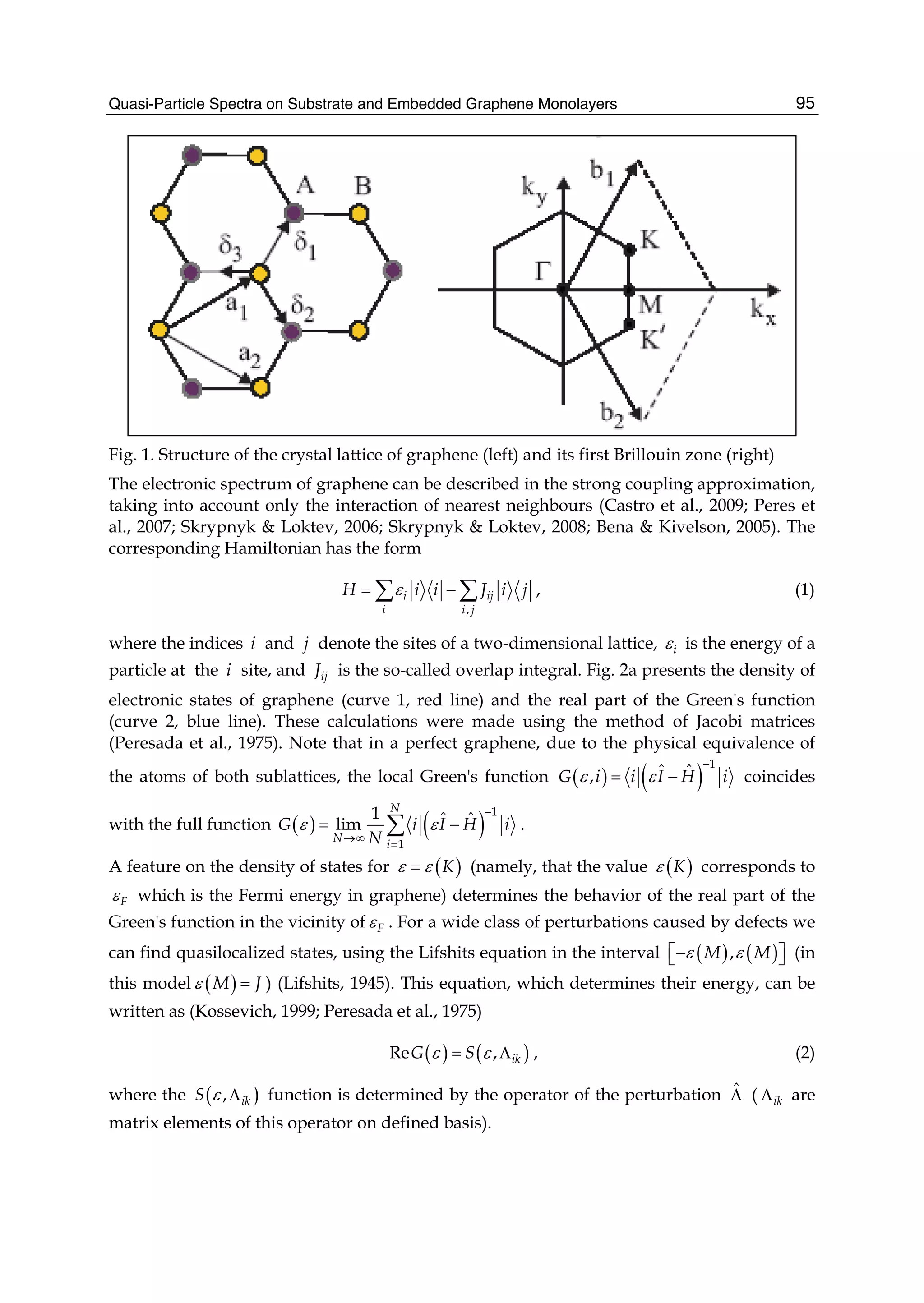 Quasi-Particle Spectra on Substrate and Embedded Graphene Monolayers 95
Fig. 1. Structure of the crystal lattice of graphene (left) and its first Brillouin zone (right)
The electronic spectrum of graphene can be described in the strong coupling approximation,
taking into account only the interaction of nearest neighbours (Castro et al., 2009; Peres et
al., 2007; Skrypnyk & Loktev, 2006; Skrypnyk & Loktev, 2008; Bena & Kivelson, 2005). The
corresponding Hamiltonian has the form
,
i ij
i i j
H i i J i jε= −∑ ∑ , (1)
where the indices i and j denote the sites of a two-dimensional lattice, iε is the energy of a
particle at the i site, and ijJ is the so-called overlap integral. Fig. 2a presents the density of
electronic states of graphene (curve 1, red line) and the real part of the Green's function
(curve 2, blue line). These calculations were made using the method of Jacobi matrices
(Peresada et al., 1975). Note that in a perfect graphene, due to the physical equivalence of
the atoms of both sublattices, the local Green's function ( ) ( )
1
ˆ ˆ,G i i I H iε ε
−
= − coincides
with the full function ( ) ( )
1
1
1 ˆ ˆlim
N
N
i
G i I H i
N
ε ε
−
→∞
=
= −∑ .
A feature on the density of states for ( )Kε ε= (namely, that the value ( )Kε corresponds to
Fε which is the Fermi energy in graphene) determines the behavior of the real part of the
Green's function in the vicinity of Fε . For a wide class of perturbations caused by defects we
can find quasilocalized states, using the Lifshits equation in the interval ( ) ( ),M Mε ε⎡− ⎤⎣ ⎦ (in
this model ( )M Jε = ) (Lifshits, 1945). This equation, which determines their energy, can be
written as (Kossevich, 1999; Peresada et al., 1975)
( ) ( )Re , ikG Sε ε= Λ , (2)
where the ( ), ikS ε Λ function is determined by the operator of the perturbation ˆΛ ( ikΛ are
matrix elements of this operator on defined basis).
 
