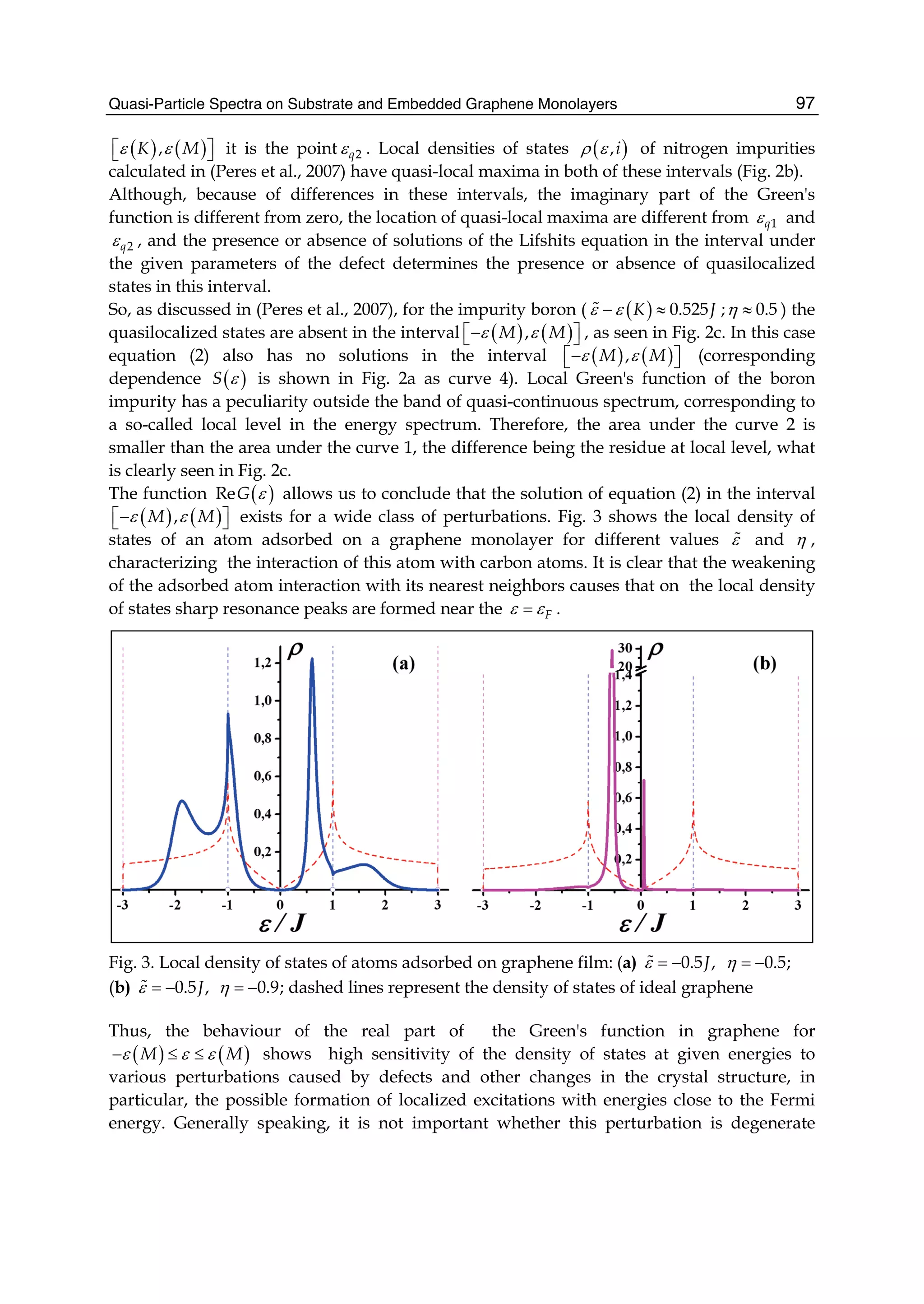 Quasi-Particle Spectra on Substrate and Embedded Graphene Monolayers 97
( ) ( ),K Mε ε⎡ ⎤⎣ ⎦ it is the point 2qε . Local densities of states ( ),iρ ε of nitrogen impurities
calculated in (Peres et al., 2007) have quasi-local maxima in both of these intervals (Fig. 2b).
Although, because of differences in these intervals, the imaginary part of the Green's
function is different from zero, the location of quasi-local maxima are different from 1qε and
2qε , and the presence or absence of solutions of the Lifshits equation in the interval under
the given parameters of the defect determines the presence or absence of quasilocalized
states in this interval.
So, as discussed in (Peres et al., 2007), for the impurity boron ( ( ) 0.525K Jε ε− ≈ ; 0.5η ≈ ) the
quasilocalized states are absent in the interval ( ) ( ),M Mε ε⎡− ⎤⎣ ⎦ , as seen in Fig. 2c. In this case
equation (2) also has no solutions in the interval ( ) ( ),M Mε ε⎡− ⎤⎣ ⎦ (corresponding
dependence ( )S ε is shown in Fig. 2a as curve 4). Local Green's function of the boron
impurity has a peculiarity outside the band of quasi-continuous spectrum, corresponding to
a so-called local level in the energy spectrum. Therefore, the area under the curve 2 is
smaller than the area under the curve 1, the difference being the residue at local level, what
is clearly seen in Fig. 2c.
The function ( )ReG ε allows us to conclude that the solution of equation (2) in the interval
( ) ( ),M Mε ε⎡− ⎤⎣ ⎦ exists for a wide class of perturbations. Fig. 3 shows the local density of
states of an atom adsorbed on a graphene monolayer for different values ε and η ,
characterizing the interaction of this atom with carbon atoms. It is clear that the weakening
of the adsorbed atom interaction with its nearest neighbors causes that on the local density
of states sharp resonance peaks are formed near the Fε ε= .
Fig. 3. Local density of states of atoms adsorbed on graphene film: (a) 0.5 ,Jε = − 0.5;η = −
(b) 0.5 , 0.9;Jε η= − = − dashed lines represent the density of states of ideal graphene
Thus, the behaviour of the real part of the Green's function in graphene for
( ) ( )M Mε ε ε− ≤ ≤ shows high sensitivity of the density of states at given energies to
various perturbations caused by defects and other changes in the crystal structure, in
particular, the possible formation of localized excitations with energies close to the Fermi
energy. Generally speaking, it is not important whether this perturbation is degenerate
 